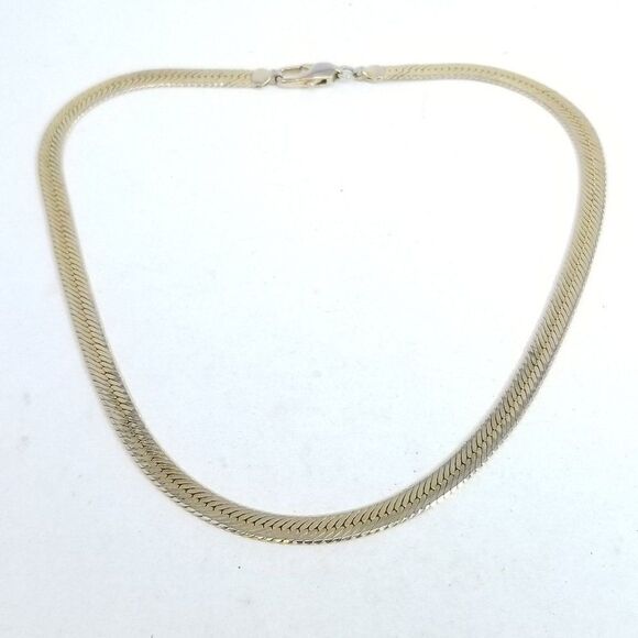 Vintage Flat Gold Tone Chain Necklace, Herringbone Style, Unisex Design, Estate - Picture 1 of 5
